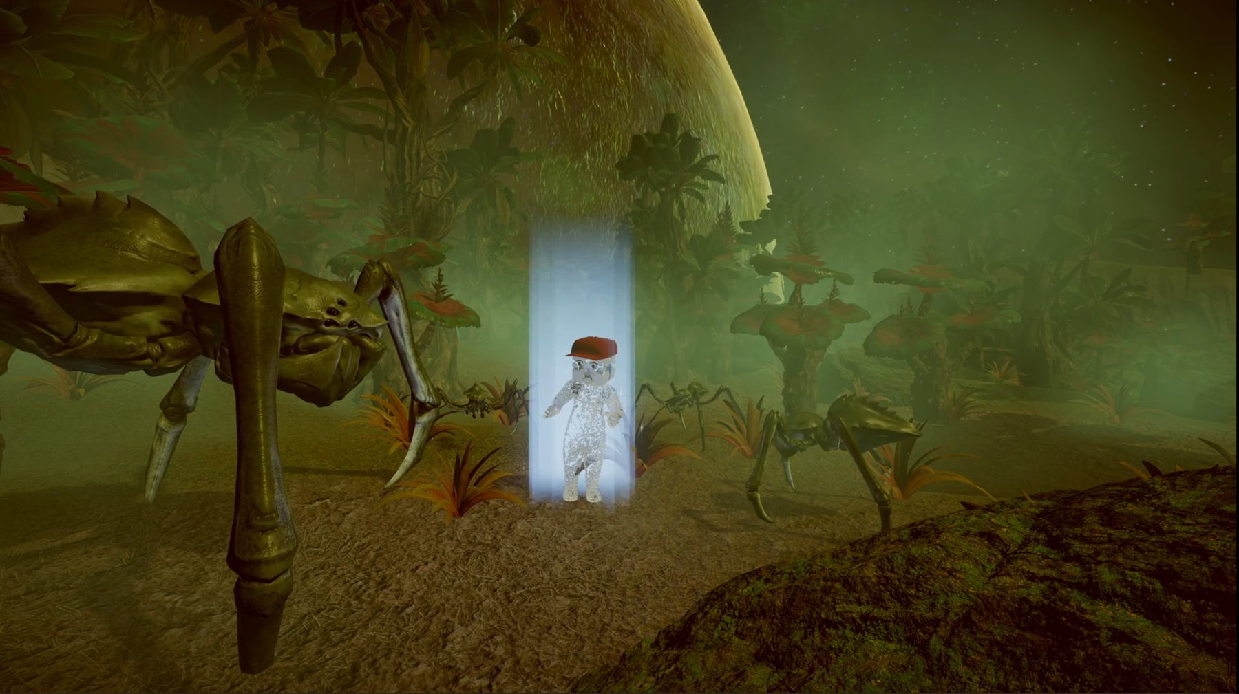 A character entering a playable Confluence world