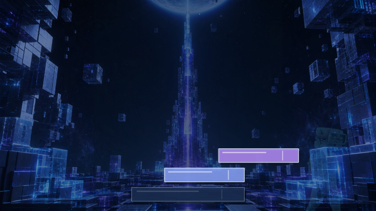 An active CubeX Core Stack run with luminous blocks ascending through a crystalline world