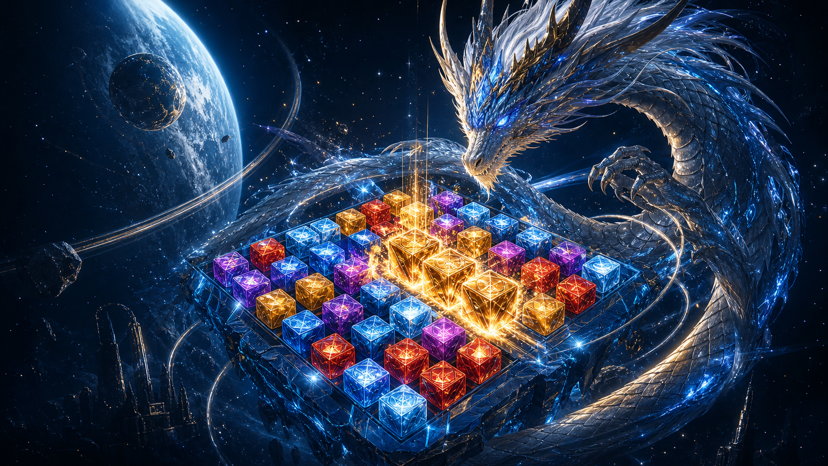 Celestial dragon circling a luminous match-three cube board